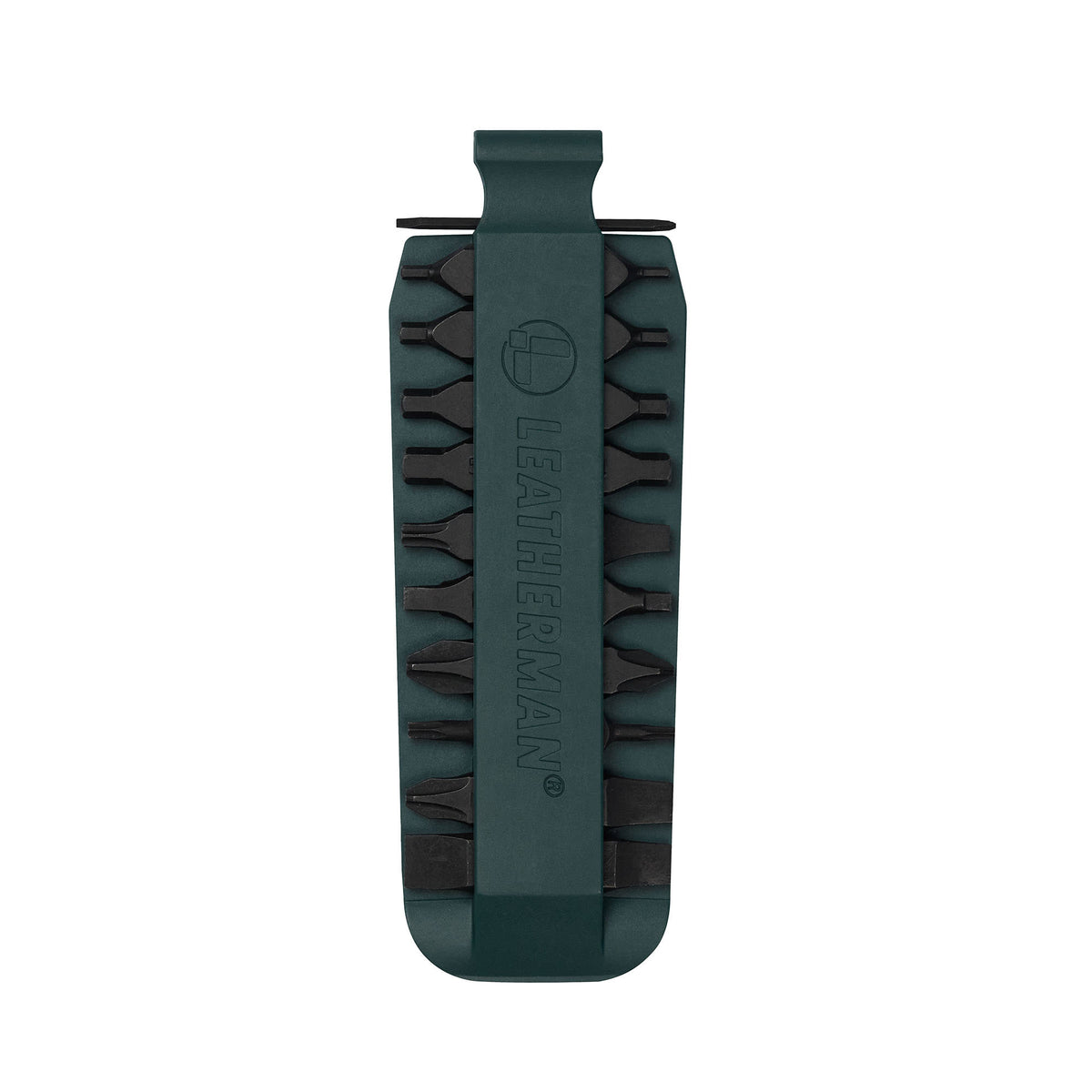 Translation missing: en.Forest Green Leatherman bit kit holder with multiple interchangeable screwdriver bits arranged on both sides, featuring the Leatherman logo embossed in the center