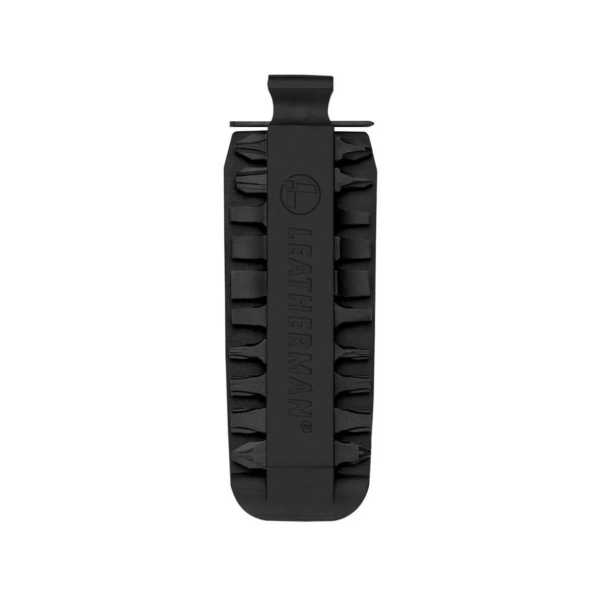 Translation missing: en.Black Leatherman bit kit holder with multiple interchangeable screwdriver bits arranged on both sides, featuring the Leatherman logo embossed in the center
