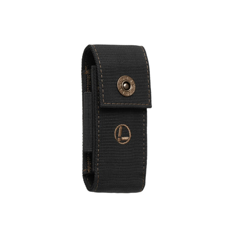 Translation missing: en.Leatherman black and bronze nylon sheath with pockets showcasing the secure snap closure and Leatherman logo