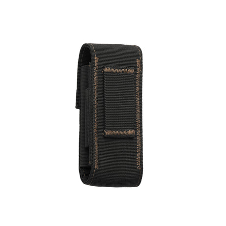 Translation missing: en.Back view of a black and bronze nylon Leatherman sheath with reinforced brown stitching and a horizontal belt loop sewn onto the rear for secure attachment. The sheath has a rugged, utilitarian design intended to hold and carry a multi-tool