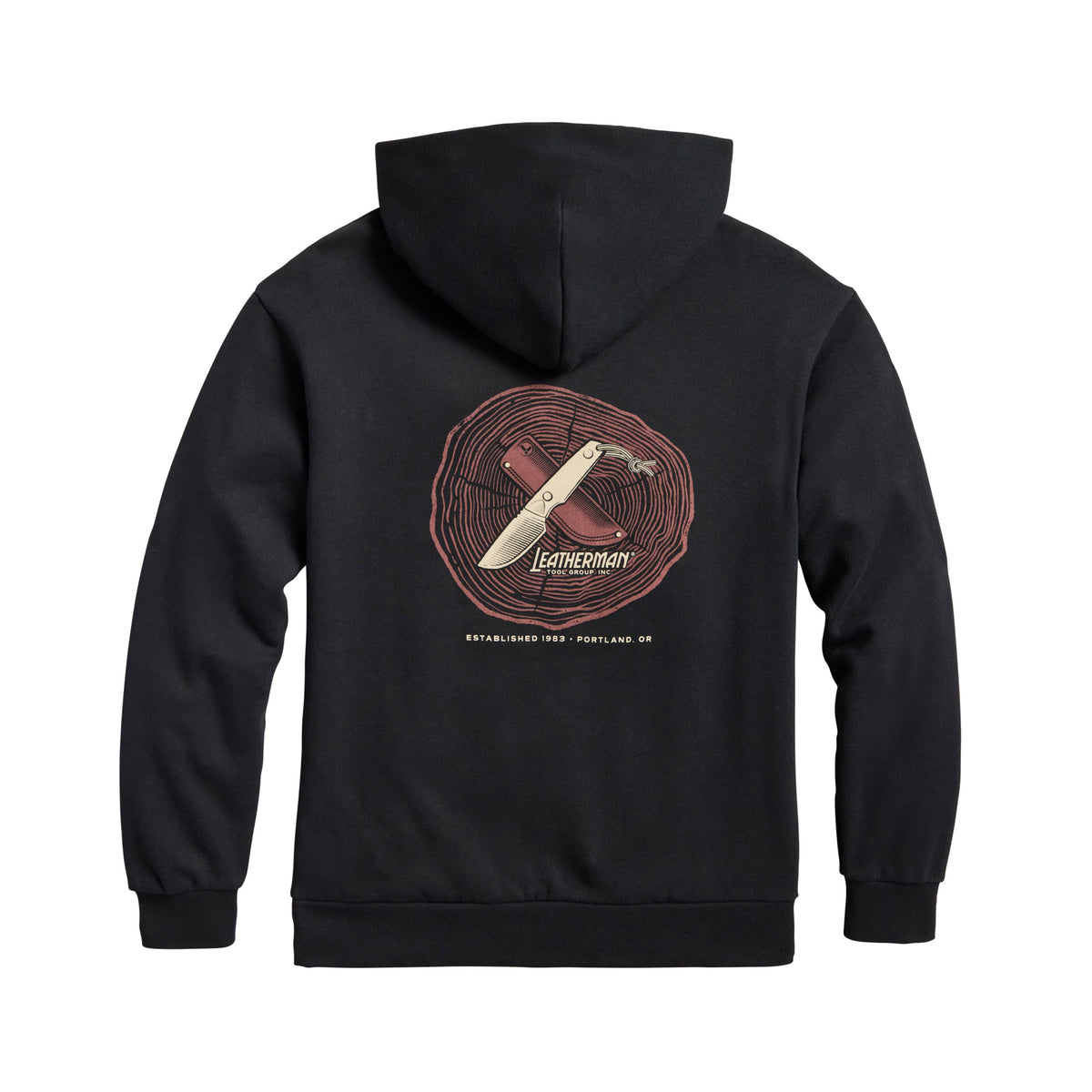 Translation missing: en.Back of the black Blade &amp; Grain hoodie displaying a fixed blade knife and a leather sheath on a stump