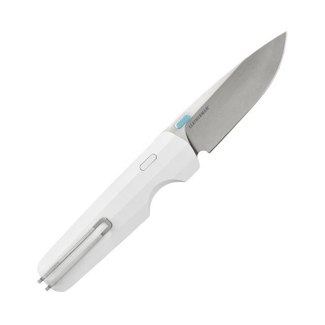 Translation missing: en.Leatherman Blazer Alpine folding knife with a sleek white handle, stainless steel blade, and deep-carry pocket clip, shown open on a white background