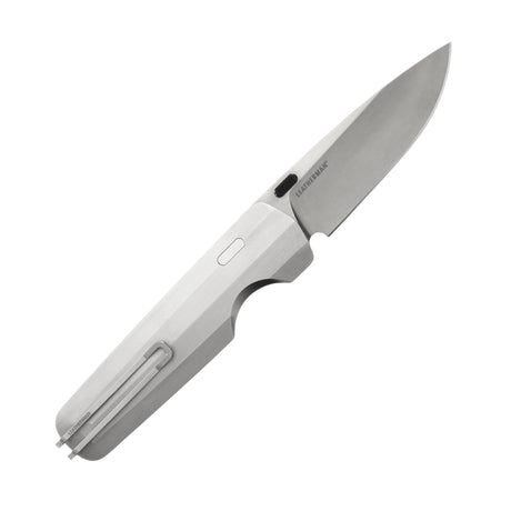 Translation missing: en.Leatherman Blazer Stainless Steel folding knife with a sleek brushed metal handle, deep-carry pocket clip, and stainless steel drop point blade, shown open on a white background