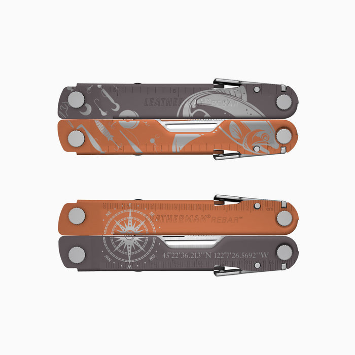 Translation missing: es.A two-tone burnt sienna color Leatherman Rebar multitool, engraved with fishing imagery, a compass, and geographic coordinates (45°22'36.213"N 122°76.2692"W) for presumably a good fishing spot