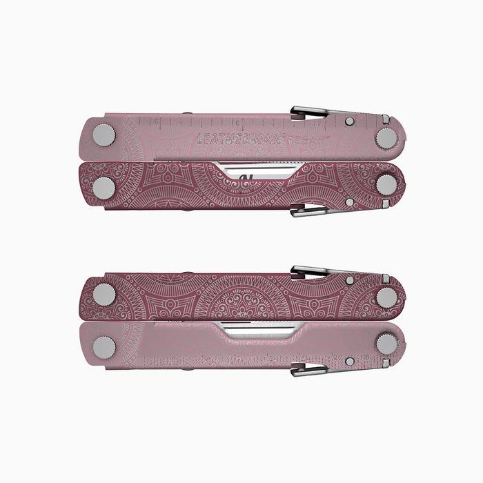 Translation missing: es.A cranberry-colored Leatherman Rebar multitool with intricate mandala-style engravings. The knife blade is personalized with a placeholder for “Name.”