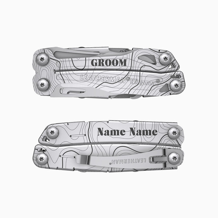 Translation missing: es.A stainless steel Leatherman Wingman multitool engraved with topographic map lines. One handle side features the word “GROOM,” while the other is personalized with “Name Name.”
