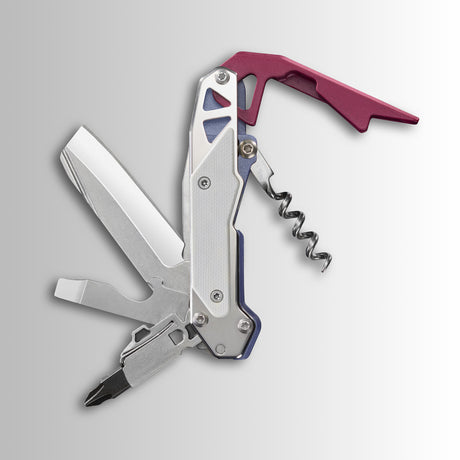 Translation missing: en.Garage Batch 010: Picnic folded multitool with knife blade, bottle opener, corkscrew, screwdriver bit and purple lever handle