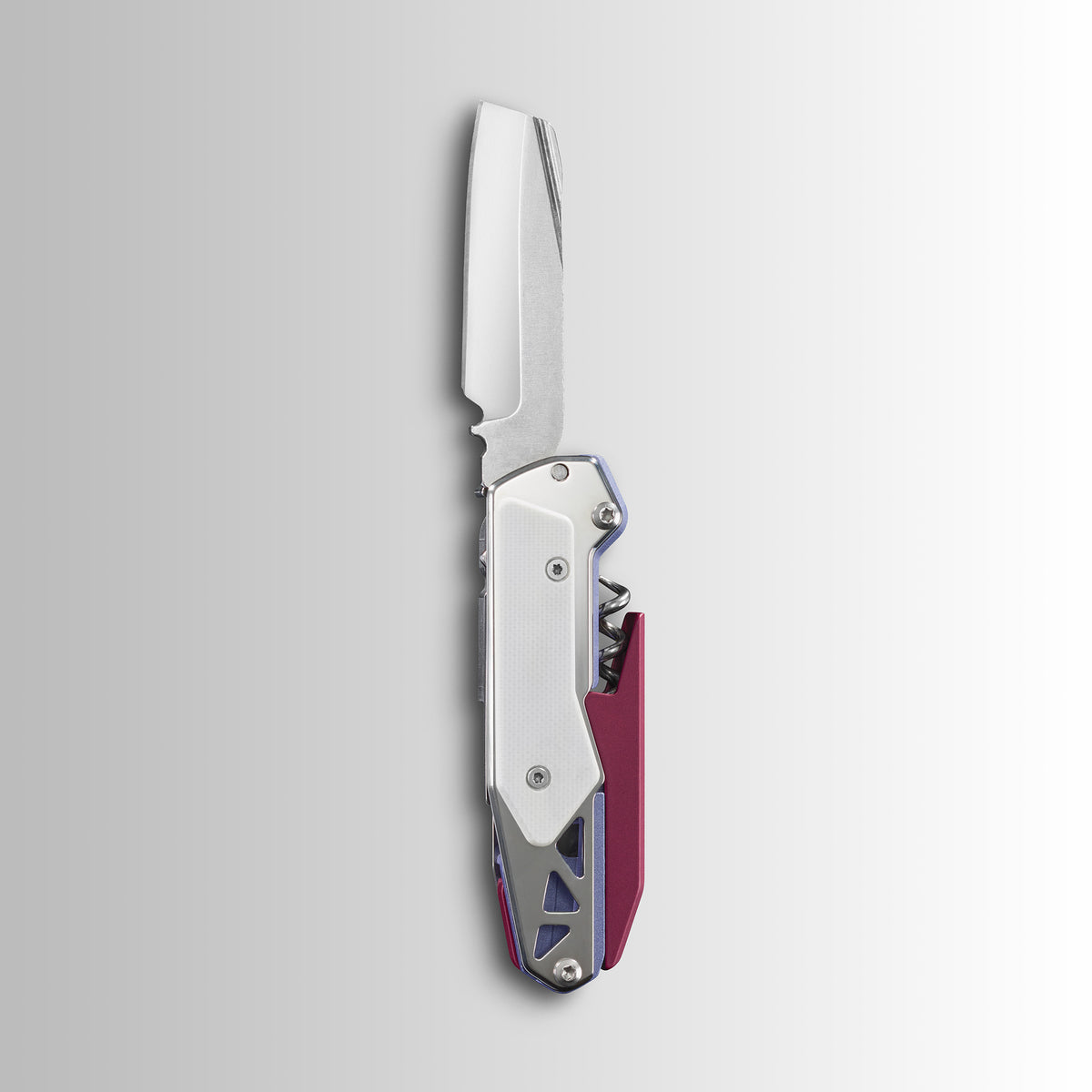 Translation missing: es.Garage Batch 010: Picnic folding multitool knife with straight blade, silver handle panels, purple accent grip and visible corkscrew