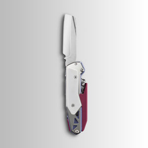 Translation missing: es.Garage Batch 010: Picnic folding multitool knife with straight blade, silver handle panels, purple accent grip and visible corkscrew