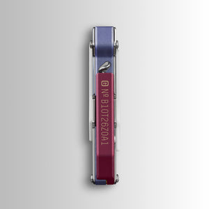 Translation missing: es.Garage Batch 010: Picnic closed folding knife with red handle viewed from the spine, showing engraved serial code