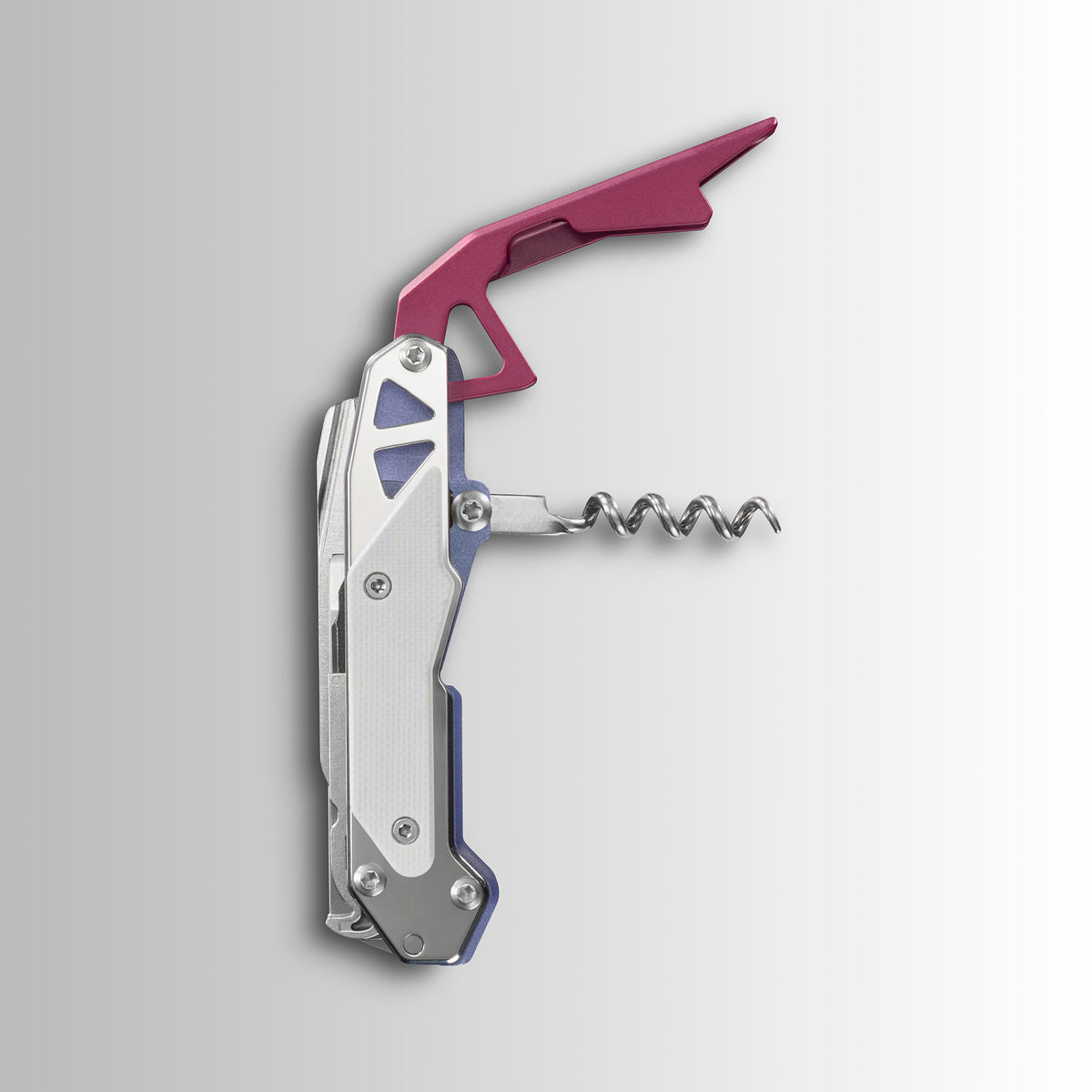 Translation missing: es.Garage Batch 010: Picnic folding corkscrew with angular silver handle and open purple lever on a light gradient background