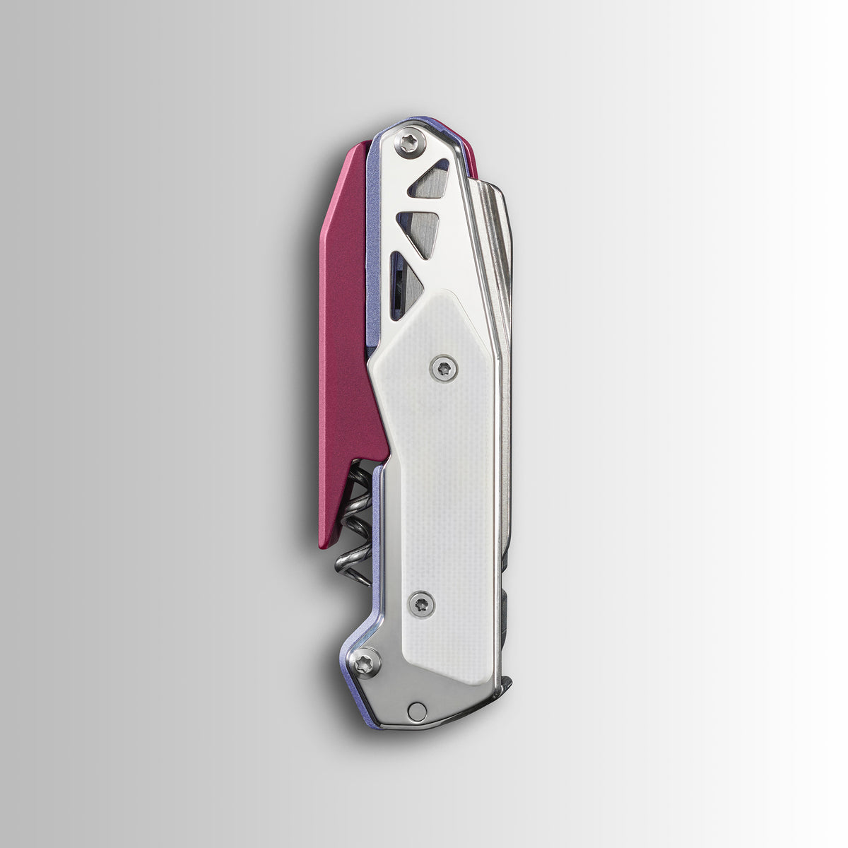 Translation missing: es.Garage Batch 010: Picnic closed folding multitool with silver handle and visible corkscrew against a light gradient background