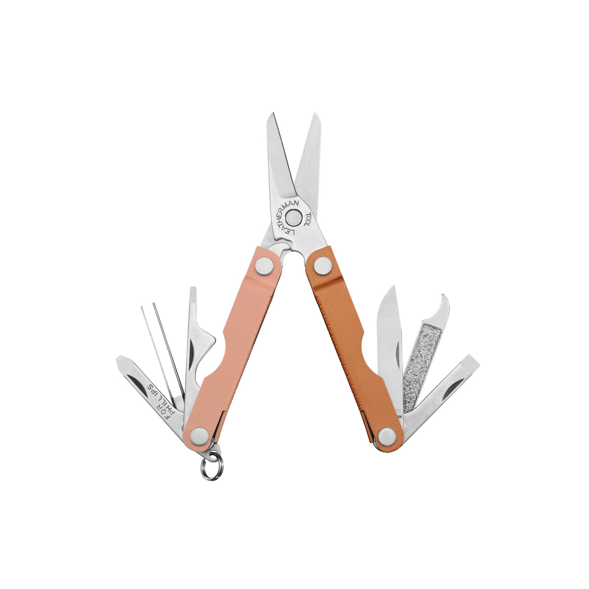 Translation missing: en.Leatherman Micra multitool in Ginger Peach with open scissors, knife, file, tweezers, and other tools