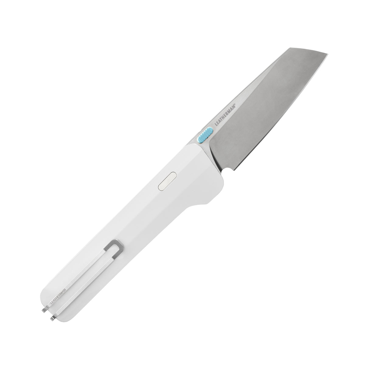Translation missing: en.Leatherman Glider folding knife with alpine textured handle, stainless steel blade, and light blue thumb stud, shown open on a white background