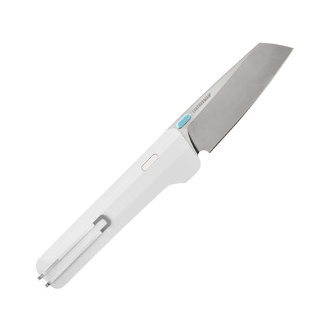Translation missing: en.Leatherman Glider folding knife with alpine textured handle, stainless steel blade, and light blue thumb stud, shown open on a white background