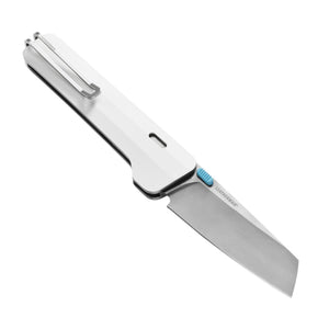 Translation missing: en.Leatherman Glider folding knife with alpine textured handle, stainless steel blade, and light blue thumb stud, shown open on a white background