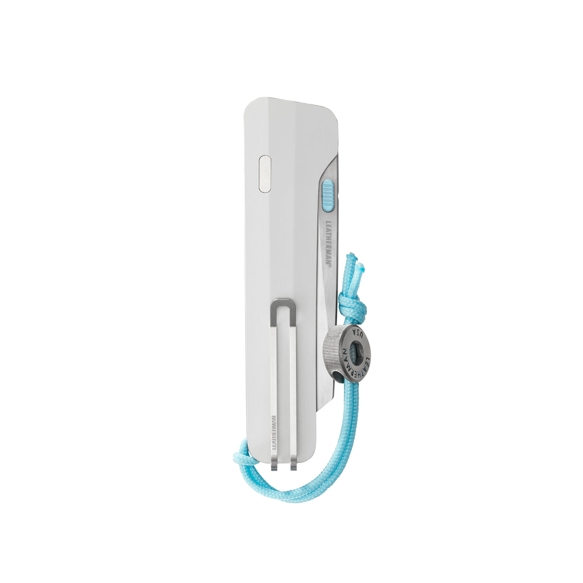 Translation missing: en.Leatherman Glider folding knife with alpine textured handle, stainless steel blade, and light blue thumb stud, shown close on a white background