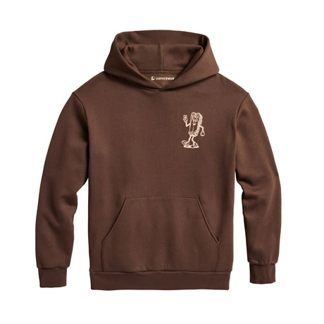 Translation missing: en.Front of the brown Mr Wave pullover hoodie showing a small mascot designed like the leatherman Wave