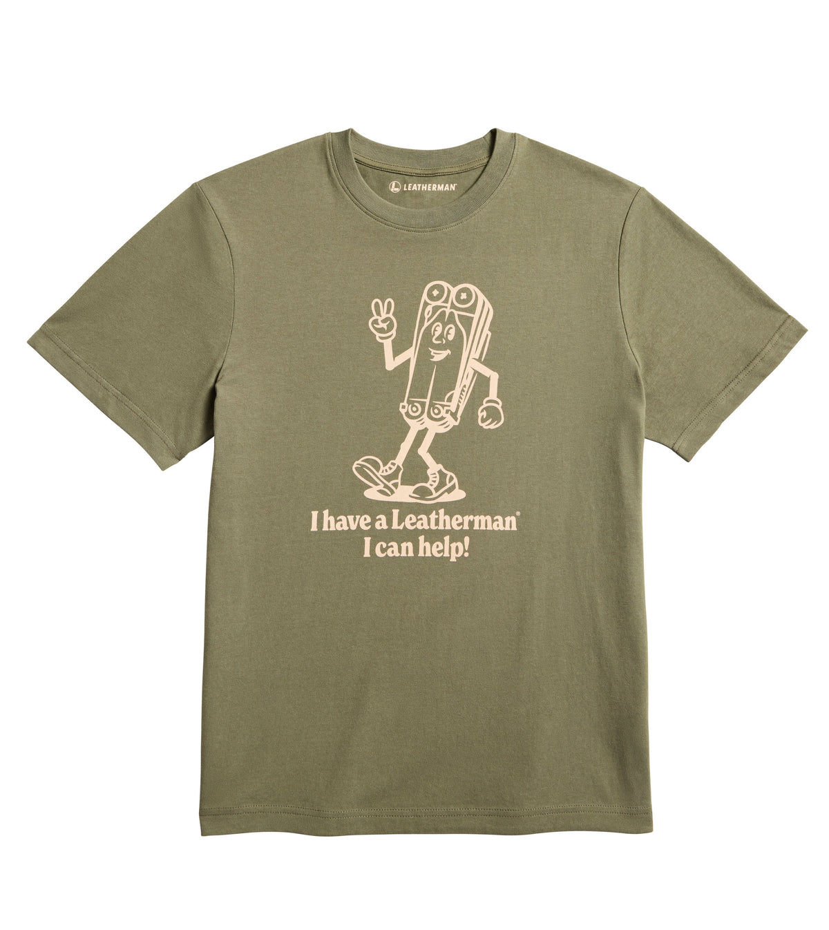 Translation missing: en.Olive khaki tee shirt with the Mr. Wave logo displaying a character based on the Wave with the slogan 'I have a Leatherman, I can help!"