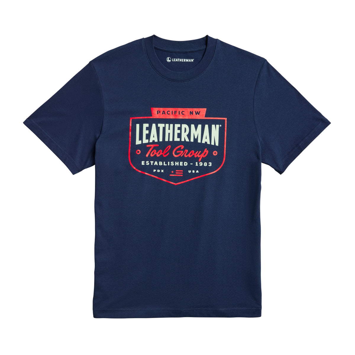 Translation missing: en.Navy Leatherman Pacific Northwest tee with a red emblem logo. Established 1983