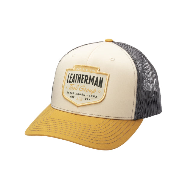 Translation missing: es.Mink Beige Leatherman Pacific Northwest Trucker Hat with a stitched emblem. Established 1983