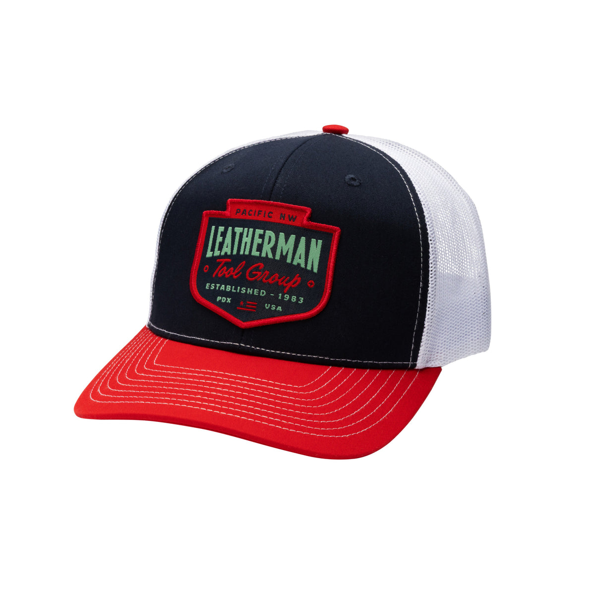 Translation missing: es.Navy Pacific Northwest Trucker Hat with a red brim and a stitched emblem. Established 1983