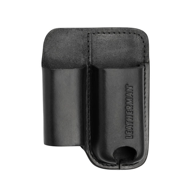 Translation missing: es.Black premium leather multitool sheath with two compartments and LEATHERMAN logo embossed on the front