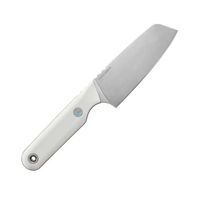 Translation missing: en.Leatherman Rustle Alpine knife with a stonewashed stainless blade and sleek white handle, positioned at an angle on a white background
