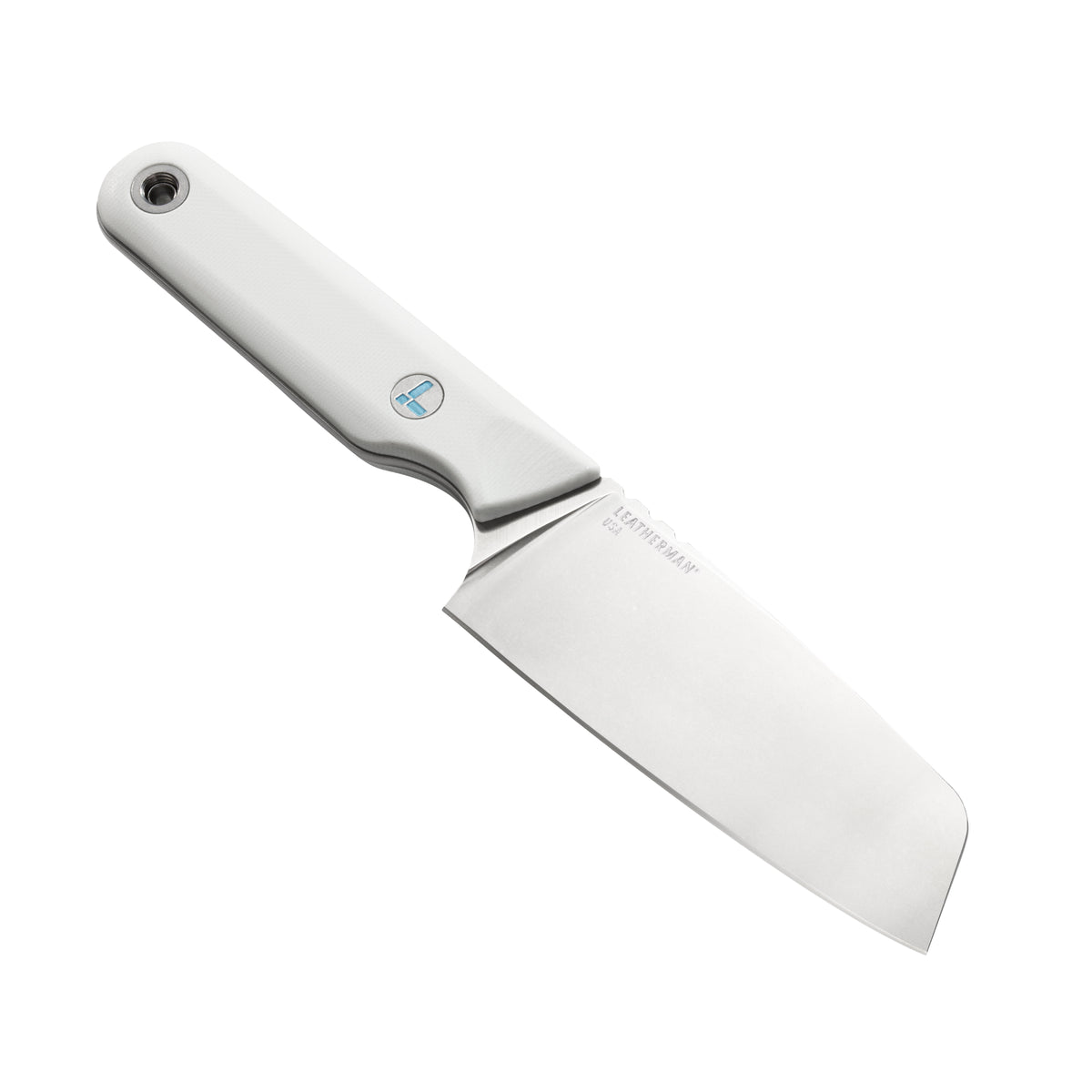 Translation missing: en.Leatherman Rustle Alpine knife, highlighting the logo on the white handle and the wide blade, set against a white backdrop