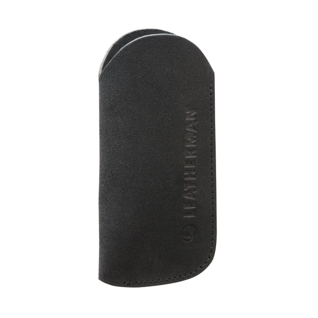 Translation missing: en.A black suede leather tool sleeve featuring an embossed vertical “LEATHERMAN” logo and the company’s circular emblem near the stitched edge, displayed against a white background