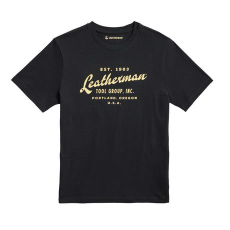 Translation missing: en.Front of the black Leatherman Vintage tee showcasing 'Leatherman' in a cursive font. Established 1983 in Portland, Oregon USA