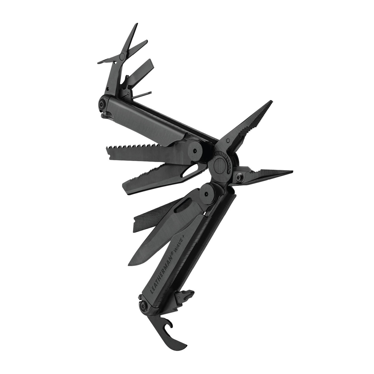 Translation missing: en.Black Leatherman Wave® Plus multitool beauty image showing the various tools and features