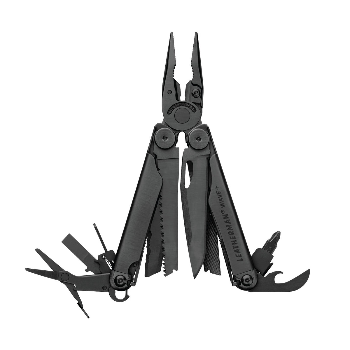 Translation missing: en.Black Leatherman Wave® Plus multi-tool with pliers, blades, and multiple tools displayed in an open position